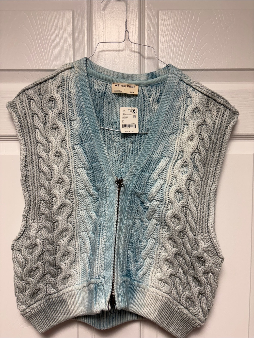 NWT We The Free Ombre Light Blue Cable Knit V-Neck Zip Vest